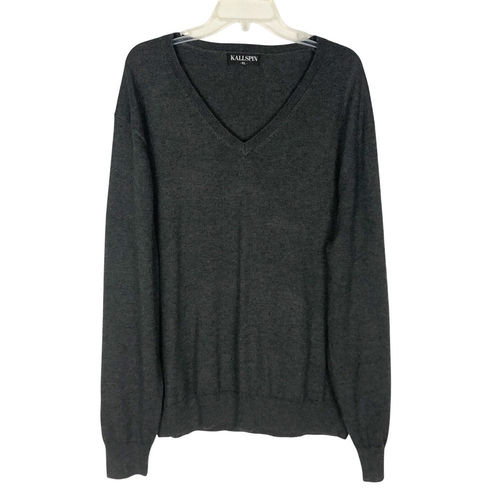 KALLSPIN Cashmere Wool & Fiber Blend XL Gray V-Neck Men's‎ Pullover Sweater